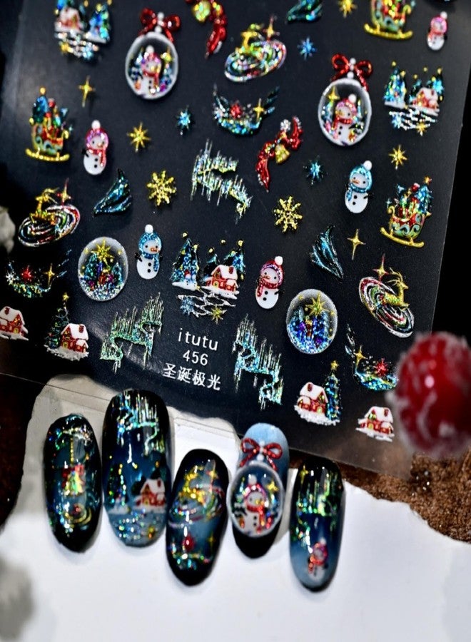 Maigitur Christmas Nail Stickers for Nail Art 3D Self Adhesive Laser Colorful Nail Art Stickers Aurora Crystal Ball Nails Designs Glitter Snowman 5D Embossed Nails Decals for Women DIY Acrylic Nail 1 Sheet - Image 1